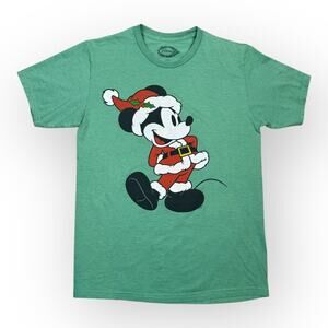 Santa‎ Mickey Mouse Christmas T-Shirt Green Adult Medium Disney Retro Graphic